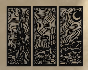 Metalen muurkunst Van Gogh Sterrennacht - 3-delige set