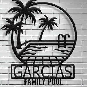 Custom Family Name Pool Sign: Tropical Palm Tree Metal Wall Art