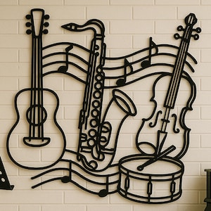 Musical Instruments Metal Wall Art , Line Art Music Decor for Studio , Metal Wall Art Featuring Guitar , Violin , Saxophone & Drum