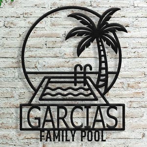 Personalized Family Pool Metal Sign: Tropical Palm Tree Decor
