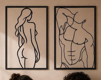 Decoración sensual de arte lineal con mujer y hombre desnudos (juego de 2)