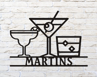 May include: Black metal wall art featuring three martini glasses with the word "MARTINS" underneath.