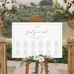 Monogram wedding table plan sign template, landscape seating chart editable, elegant border seating, printable find your seat template #BL51
