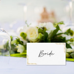 Modèle de marque-place pour mariage en or, carte de nom avec cadre doré, marque-places modifiables sous tente, cartes de nom de table d'événement bricolage, impression à la maison
