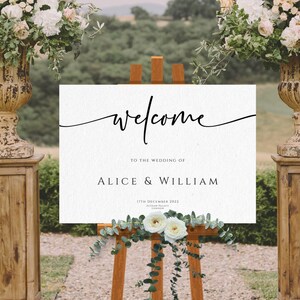 Modern wedding welcome sign template, minimalist black and white, script welcome to our wedding signage, diy wedding sign, editable download