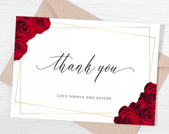 Red rose thank you card template, wedding flat and folded thank you card, red & gold diy wedding thank you postcard, editable download #BL6