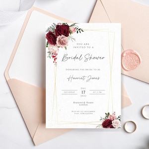 Red and pink bridal shower invitation template, burgundy and blush flower printable invite with gold frame, diy invite, editable download