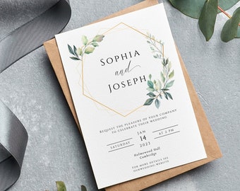 Eucalyptus wedding invitation template, greenery and gold frame printable wedding, green and gold 5 x 7 invite, editable download
