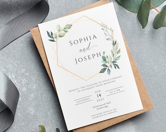 Eucalyptus wedding invitation template, greenery and gold frame printable wedding, green and gold 5 x 7 invite, editable download