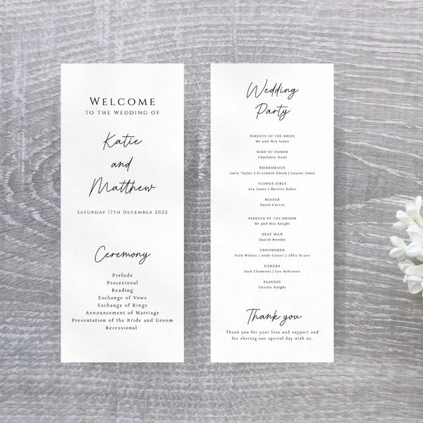 Simple wedding program template, tall black and white wedding program, minimalist printable double sided program, editable download #BL46