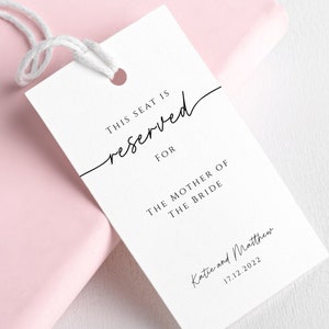 結婚式の予約タグ テンプレート、白黒印刷可能な結婚式のタグ、花嫁の母親のためのミニマリスト予約席、編集可能なダウンロード #BL46