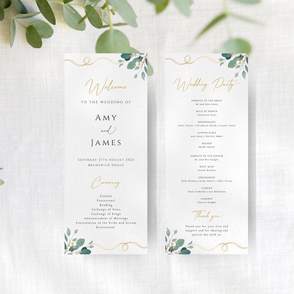 Wedding program template, tall eucalyptus wedding program, green gold printable long double sided program, wedding editable download #BL42