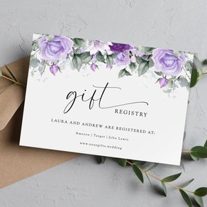 Plantilla de tarjeta de registro de regalos con flores de color morado, anexo para registro de bodas imprimible, inserto en tonos lila y verde, descarga editable de Templett #BL27