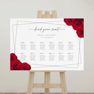 Modelo de sinal de gráfico de assento de casamento rosa vermelha, plano de mesa para impressão em vermelho e preto, modelo editável para encontrar seu assento, modelo de paisagem # BL2