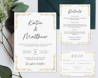 Gold wedding invitation template set, gold frame wedding invite suite, elegant gold border printable invite & rsvp bundle, editable download