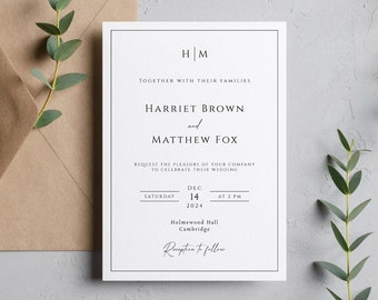 Monogram wedding invitation template, modern printable invite, black border with couples initials, diy invitation, editable download #BL51