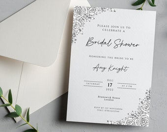 Black and white bridal shower invitation template, simple black floral invitation, editable text any celebration, print at home party invite