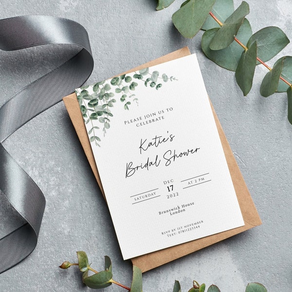 Eucalyptus bridal shower invitation template, sage green invitation, editable text celebration invite, greenery printable bridal shower #BL9