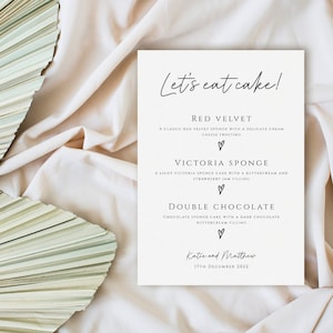 Kuchen Menü Zeichen Vorlage, minimalistische Hochzeit let's essen Kuchen Zeichen zum Ausdrucken, Hochzeitstorte Aromen Menü Vorlage Zeichen, editierbar download #BL46