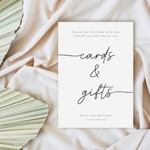 Eenvoudige trouwkaarten en geschenken ondertekenen sjabloon, minimalistische bruiloft teken afdrukbaar, zwart-wit handschriftstijl, bewerkbare download #BL46