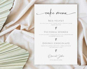 Modern cake menu sign template, minimalist wedding cake flavour printable, black & white wedding script template, editable download #BL77