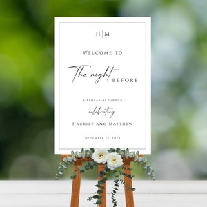 Modelo de placa de boas-vindas na noite anterior, sinalização de boas-vindas para jantar de ensaio com monograma, casamento faça você mesmo, placa de borda preta, download editável #BL51