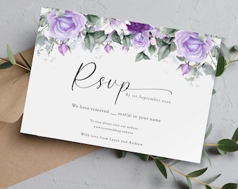 May include: RSVP card with a floral design featuring purple flowers and green leaves. The text reads "RSVP by 1st September 2016. We have reserved ____ seat(s) in your name. To RSVP please visit our website www.yourwedding.website. With love from Laura and Andrew."