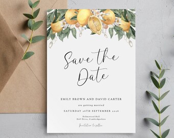 Lemon Save the Date Template: Printable Rustic Greenery Invitation, Add A Photo (5x7 inch, DIY Editable Templett Download)
