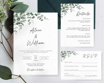 Eucalyptus wedding invitation template set, sage green printable wedding invite suite, greenery editable matching rsvp, print at home #BL9