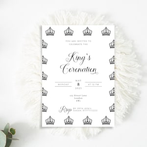 Coronation party invitation template, black and white editable invite, crown design Royal Celebration printable, simple street party invite