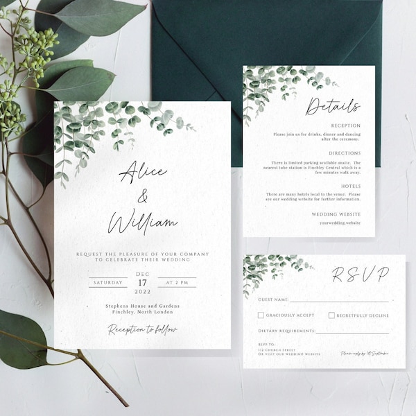 Eucalyptus wedding invitation template set, sage green printable wedding invite suite, greenery editable matching rsvp, print at home #BL9