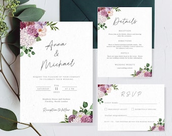 Purple Floral Wedding Invitation Template Set, DIY Printable Invite Details Card & RSVP Bundle, Editable Text, Templett Digital Download