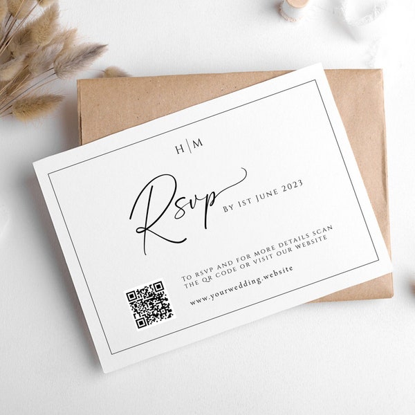 Wedding rsvp card template, monogram rsvp with QR code, diy wedding response, black & white printable rsvp, editable download #BL51