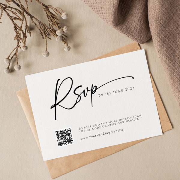 Wedding rsvp card template, upload own QR code, minimalist diy rsvp card, black & white modern script rsvp, editable download #BL77