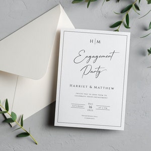 Monogram engagement invitation template, modern engagement party invite, black border printable diy invitation, editable download #BL51