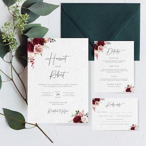 Rote und rosa Hochzeitseinladungs-Vorlagen-Set, bordeauxrot und erröten Blumen Rosen Pfingstrosen, druckbare Einladungszeile bearbeitbare Rsvp-Details-Karte #BL85