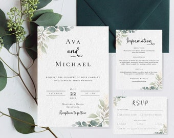 Ensemble de modèles d'invitation de mariage d'eucalyptus, suite d'invitation de mariage de verdure et d'or, invitation imprimable et modifiable - paquet de rsvp, vert sauge