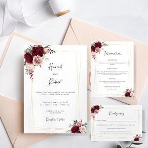 Red wedding invitation template set, burgundy and dusty pink floral with gold frame, printable invite suite editable rsvp details card #BL85