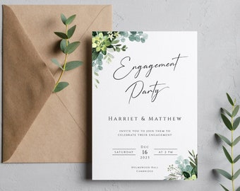 Greenery engagement invitation template, eucalyptus engagement party invite, green printable diy invitation, print at home editable download