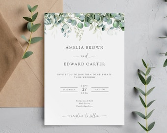 May include: A wedding invitation with a eucalyptus wreath design. The invitation reads "Amelia Brown and Edward Carter invite you to join them to celebrate their wedding. Saturday, Sept 27, 2026 at 3 PM. Holmewood Hall, Mall Drive, Cambridgeshire. Reception to follow."