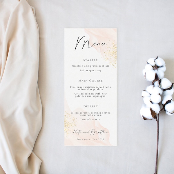 Modèle de menu de mariage, mariage rose imprimable, signe de menu de mariage aquarelle blush, menu de mariage script modifiable or, toute célébration d'événement