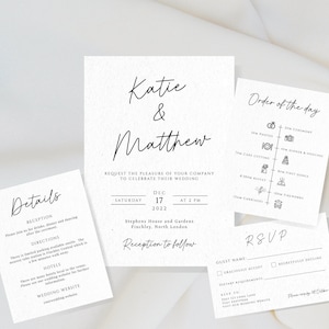 Einfache Hochzeitseinladungsvorlage mit Tagesordnung, Timeline-Einladung mit Hochzeitssymbolen, printable editable Set, #BL46