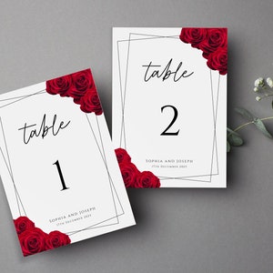 Modèle de numéro de table rose rouge, signes imprimables de numéro de table de mariage, noms de table imprimables rose rouge et cadre noir, téléchargement modifiable #BL2
