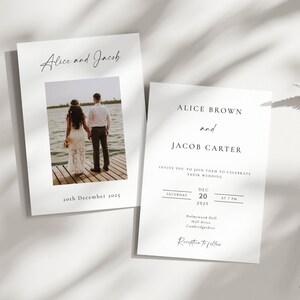 May include: Wedding invitation cards with a photo of a couple on a dock and text that reads "Alice and Jacob" and "20th December 2025". The second card has the names "Alice Brown and Jacob Carter" and wedding details.