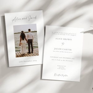 May include: Elegant wedding invitation set. One card displays a photo of a couple, the other details the wedding of Alice Brown and Jacob Carter, including the date, time, and location of the ceremony.