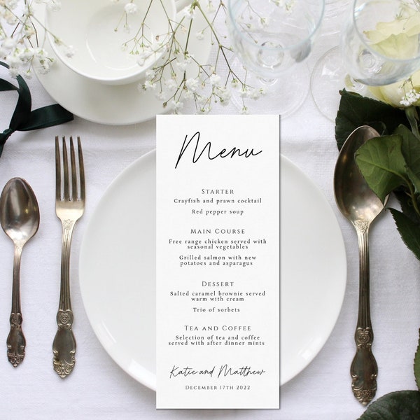 Wedding menu template, minimalist wedding printable, simple wedding menu sign, editable modern script event menu, editable download #BL46