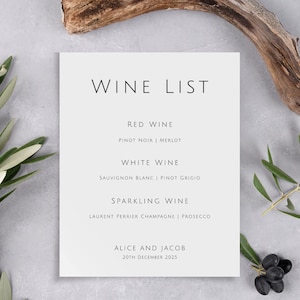 Szablon znaku do wydrukowania na liście win, edytowalny znak menu wina weselnego, minimalistyczne czarno-białe menu drinków DIY, Templett do pobrania #BL21