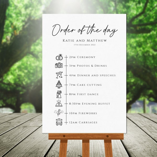 Simple wedding order of the day sign template, large wedding timeline sign with icons, handwriting style sign, editable download #BL46