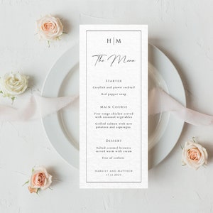 Monogram wedding menu template, tall wedding menu sign, black border with couples initials printable menu card, editable download #BL51