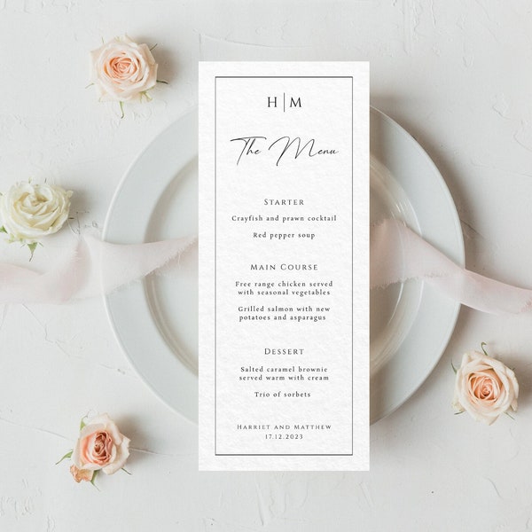 Modèle de menu de mariage monogramme, grand signe de menu de mariage, bordure noire avec carte de menu imprimable initiales de couples, téléchargement modifiable #BL51